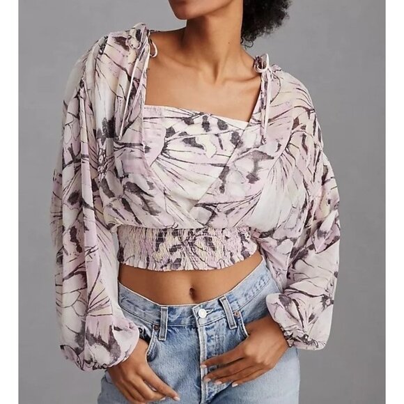 Anthropologie NEW Sheer Floral Cropped Peasant Blouse XXS - Picture 1 of 11